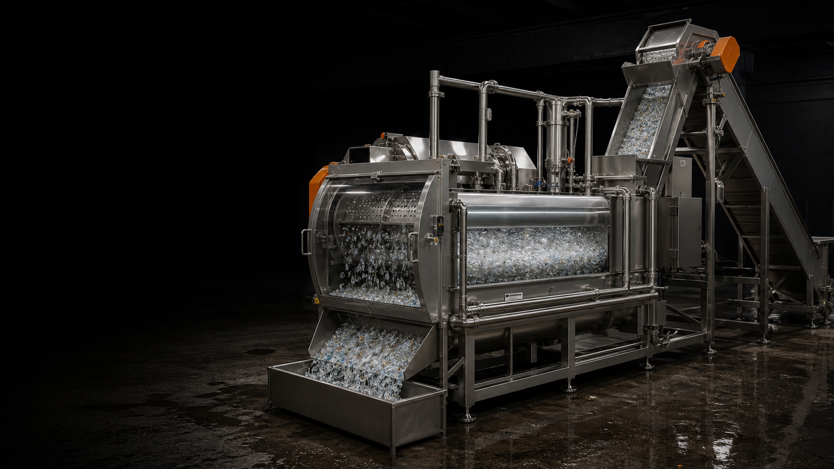 Industrial illustration of PET grinding and washing